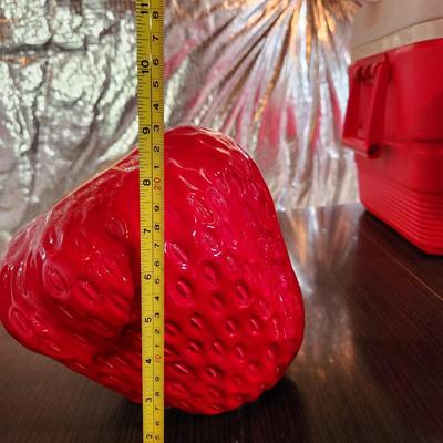2 Large Strawberry Ceramic Red Tilted Cookie Jars