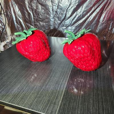 2 Large Strawberry Ceramic Red Tilted Cookie Jars