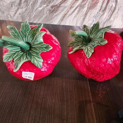 2 Large Strawberry Ceramic Red Tilted Cookie Jars