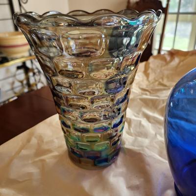 Lot of 3 Art Glass Vases Green Blue Iridescent