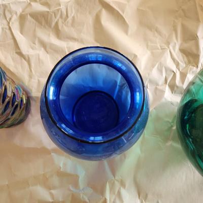 Lot of 3 Art Glass Vases Green Blue Iridescent