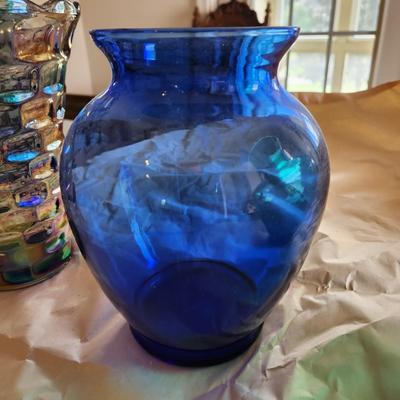 Lot of 3 Art Glass Vases Green Blue Iridescent