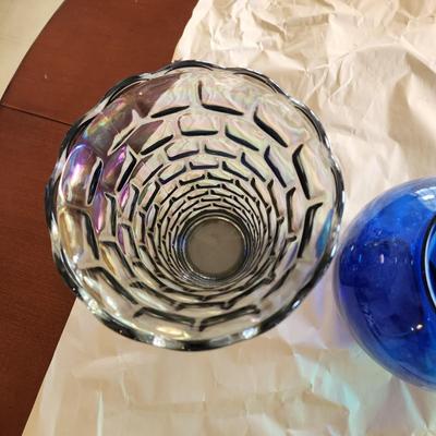 Lot of 3 Art Glass Vases Green Blue Iridescent