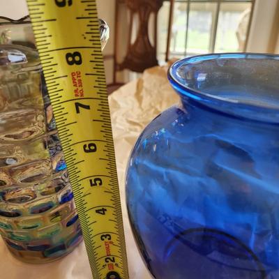 Lot of 3 Art Glass Vases Green Blue Iridescent