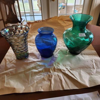 Lot of 3 Art Glass Vases Green Blue Iridescent