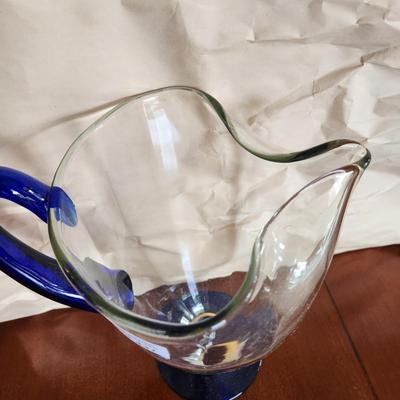 Art Glass Pitcher Blue Gold Clear Glass
