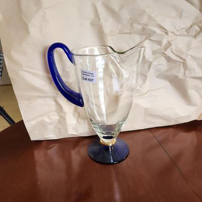 Art Glass Pitcher Blue Gold Clear Glass