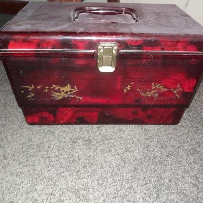 Plastic sewing box full of sewing notions, Thread, pin cushions, pins, and much more