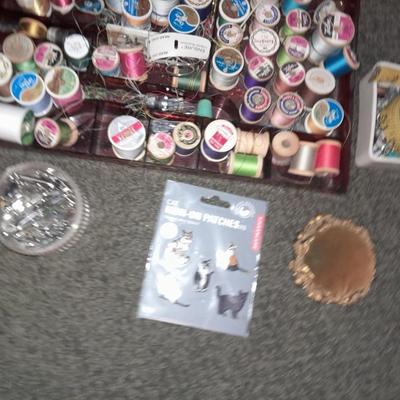 Plastic sewing box full of sewing notions, Thread, pin cushions, pins, and much more