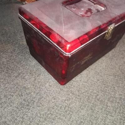 Plastic sewing box full of sewing notions, Thread, pin cushions, pins, and much more