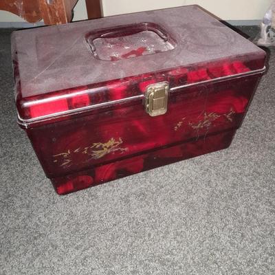 Plastic sewing box full of sewing notions, Thread, pin cushions, pins, and much more