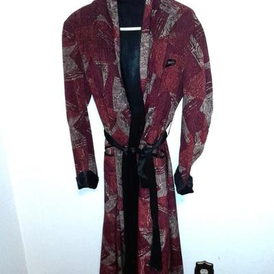 Vintage robe Kimono silk lined with tie and large silk blue bird print scarf