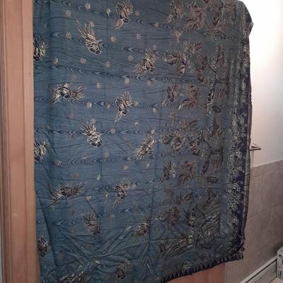 Vintage robe Kimono silk lined with tie and large silk blue bird print scarf