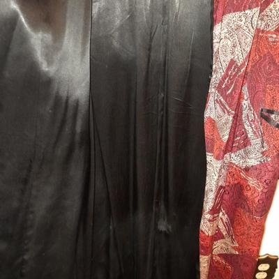 Vintage robe Kimono silk lined with tie and large silk blue bird print scarf
