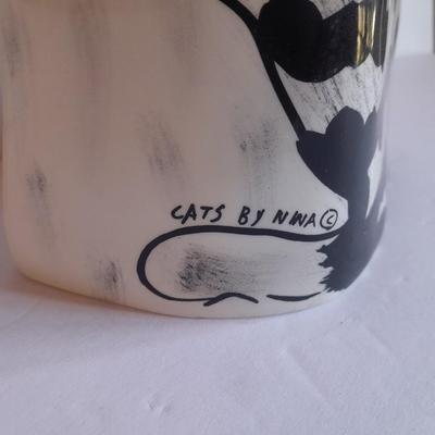 Nina Lyman signed Black White Cat Tall Ceramic Vase