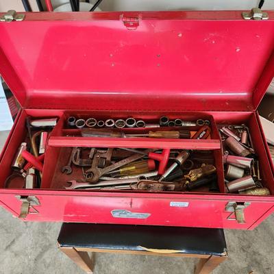 Metal Tool Box loaded with tools Sockets, wrenches, and more