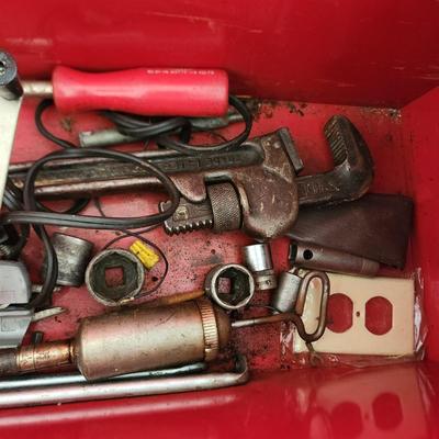Metal Tool Box loaded with tools Sockets, wrenches, and more