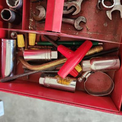 Metal Tool Box loaded with tools Sockets, wrenches, and more