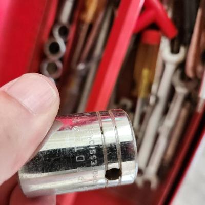 Metal Tool Box loaded with tools Sockets, wrenches, and more