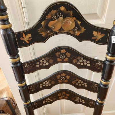 Hitchcock Style Ladder Back Chair Rush Seat Black w Fruit Decorations