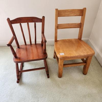 2 Vintage  Childs Doll Chairs Rocker & Keough Bros 1955 Heavy Wood Chair