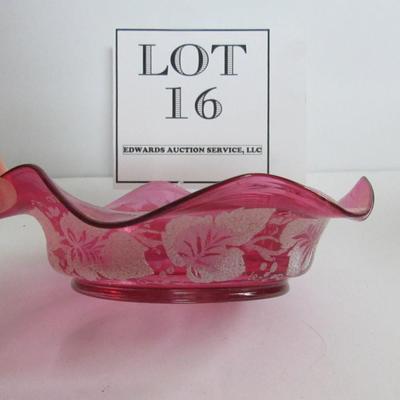 Beautiful Small Antique Cranberry Glass Bowl With Beaded Leaf Finish, Great Pontil