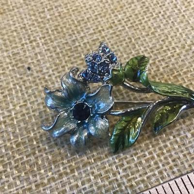 Petite Blue Rhinestone Floral Brooch