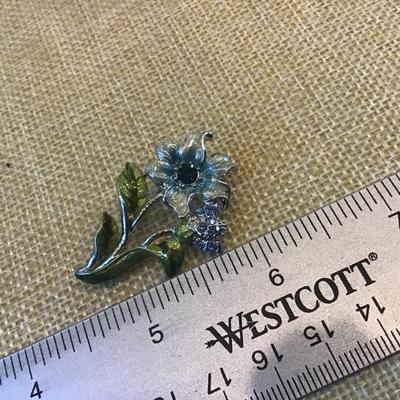 Petite Blue Rhinestone Floral Brooch
