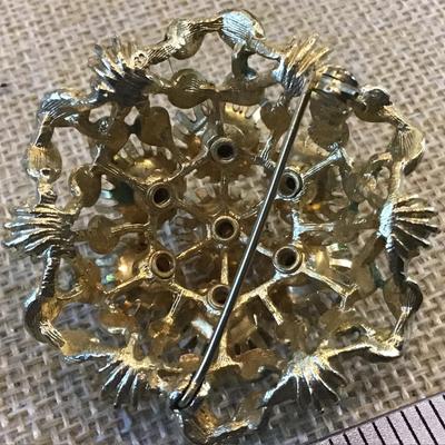 Vintage Brooch Domed Circle w Metal Flowers, Enamel & Rhinestones