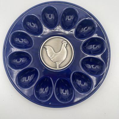 Boston Warehouse Trading Corp Blue Ceramic Serving Pieces with Pewter Rooster Accents