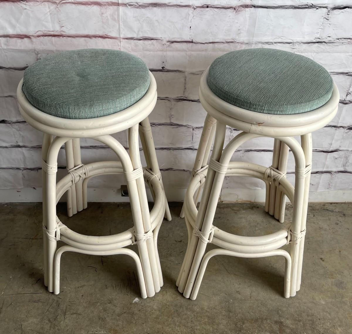 Pair of White Rattan Swivel Bar Stools