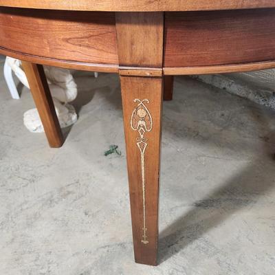 Detailed Inlaid Clean Drexel Dining Table, Leaf, Chairs, NEW Seats/Fabric