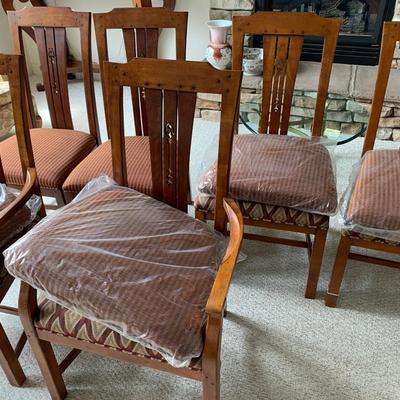 Detailed Inlaid Clean Drexel Dining Table, Leaf, Chairs, NEW Seats/Fabric