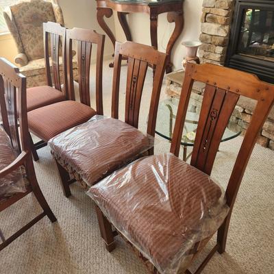 Detailed Inlaid Clean Drexel Dining Table, Leaf, Chairs, NEW Seats/Fabric