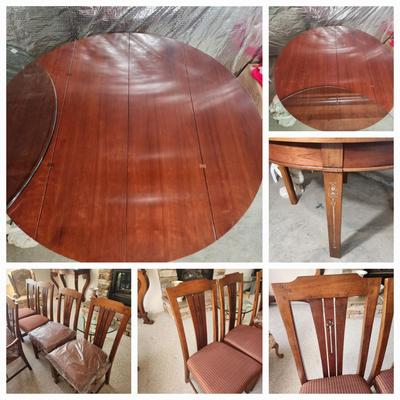 Detailed Inlaid Clean Drexel Dining Table, Leaf, Chairs, NEW Seats/Fabric