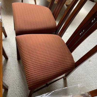 Detailed Inlaid Clean Drexel Dining Table, Leaf, Chairs, NEW Seats/Fabric