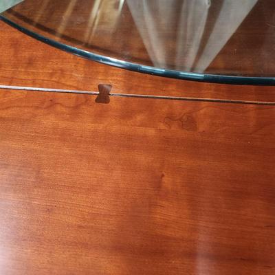 Detailed Inlaid Clean Drexel Dining Table, Leaf, Chairs, NEW Seats/Fabric