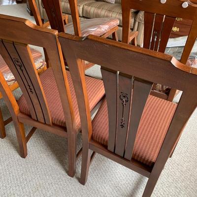 Detailed Inlaid Clean Drexel Dining Table, Leaf, Chairs, NEW Seats/Fabric