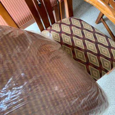 Detailed Inlaid Clean Drexel Dining Table, Leaf, Chairs, NEW Seats/Fabric