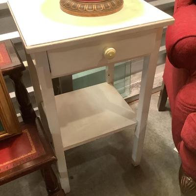 White wooden side table with one drawer, dove tail and a lower shelf 28