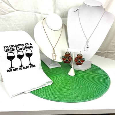 338 Wine Necklaces, Tea Towel, Christmas Gingerbread Earrings