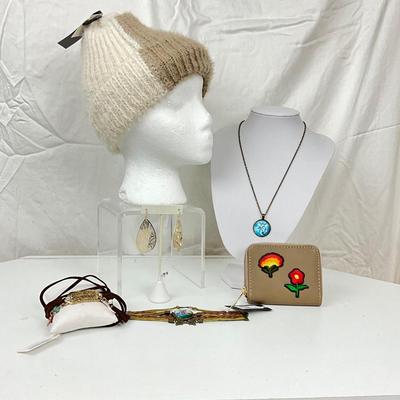 339 Winter Hat, Leather Bracelet, Floral Wallet, Necklace, Goldtone Leaf Earrings