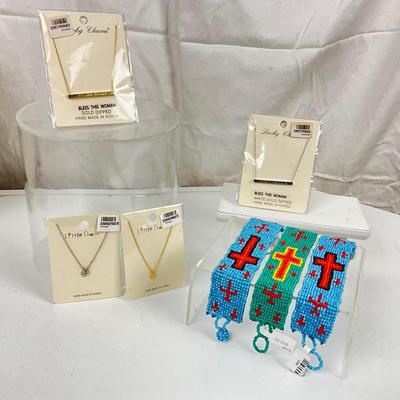 355 Bless this Woman Gold Dipped Necklace Lot with Cross Beaded Bracelet