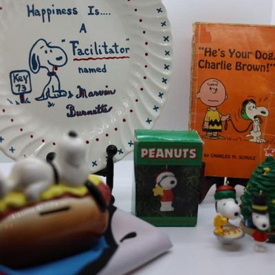 SNOOPY - Hot Dog Coin Bank, Plate, Book, (4) Snoopy Ornaments, Large Flag
