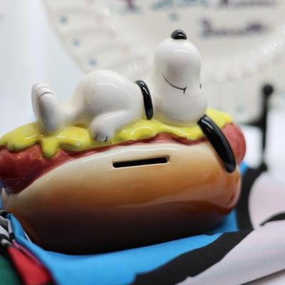 SNOOPY - Hot Dog Coin Bank, Plate, Book, (4) Snoopy Ornaments, Large Flag