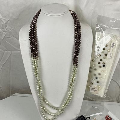 360 Pearl Necklace, Two Pearl Headbands, Pearl & Rhinestone Earrings