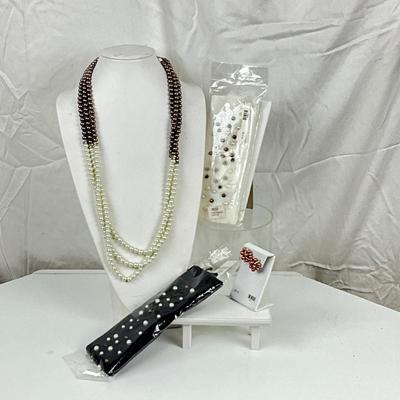 360 Pearl Necklace, Two Pearl Headbands, Pearl & Rhinestone Earrings
