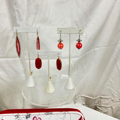 361 Red Floral Stone Necklace, Four Earrings, and Clutch