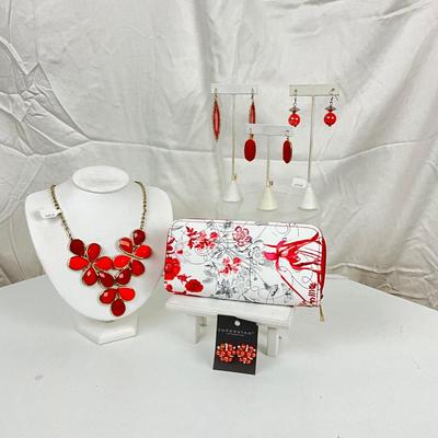 361 Red Floral Stone Necklace, Four Earrings, and Clutch