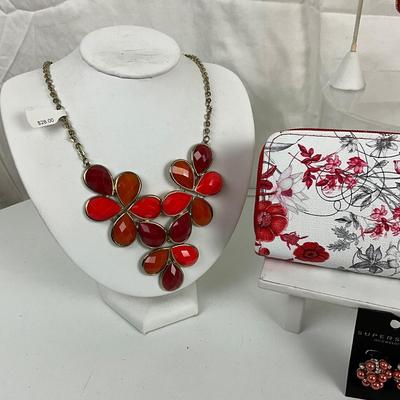 361 Red Floral Stone Necklace, Four Earrings, and Clutch